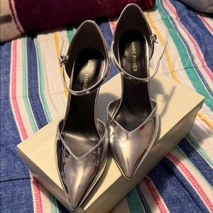 Marc Fisher Mirrored Silver Pointed-Toe Ankle-Strap Pumps